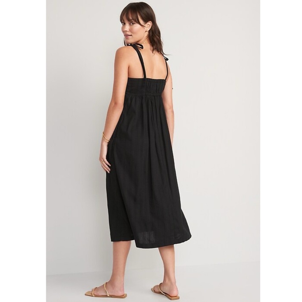 Old Navy Black Dobby Tie Shoulder Midi Dress Pockets Cotton S Coastal Boho - Picture 2 of 13